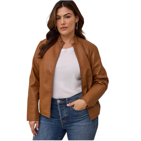 Torrid Faux Leather Collarless Moto Jacket 3X Cognac Tan Brown - Picture 1 of 15